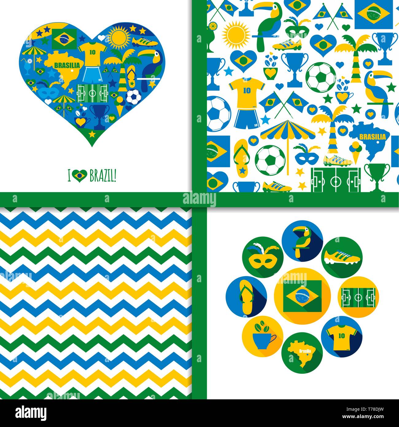 Brasile set di sfondo. Icone e seamless pattern. Illustrazione Vettoriale