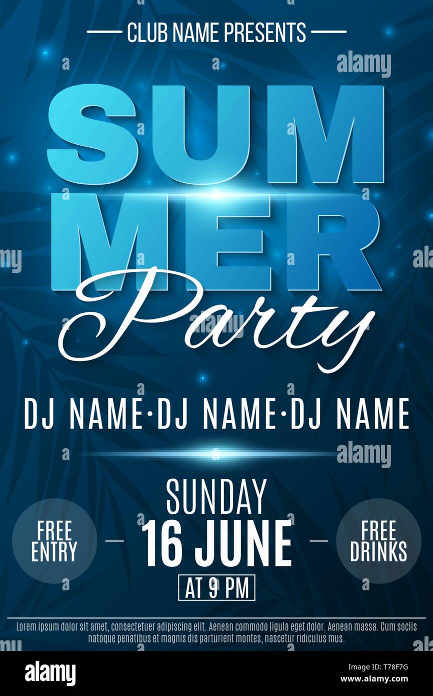 Summer Party poster. Neon incandescente testo banner con battenti delle spie luminose. Sfondo blu scuro con palme. Dance notte partito. I nomi del c Illustrazione Vettoriale