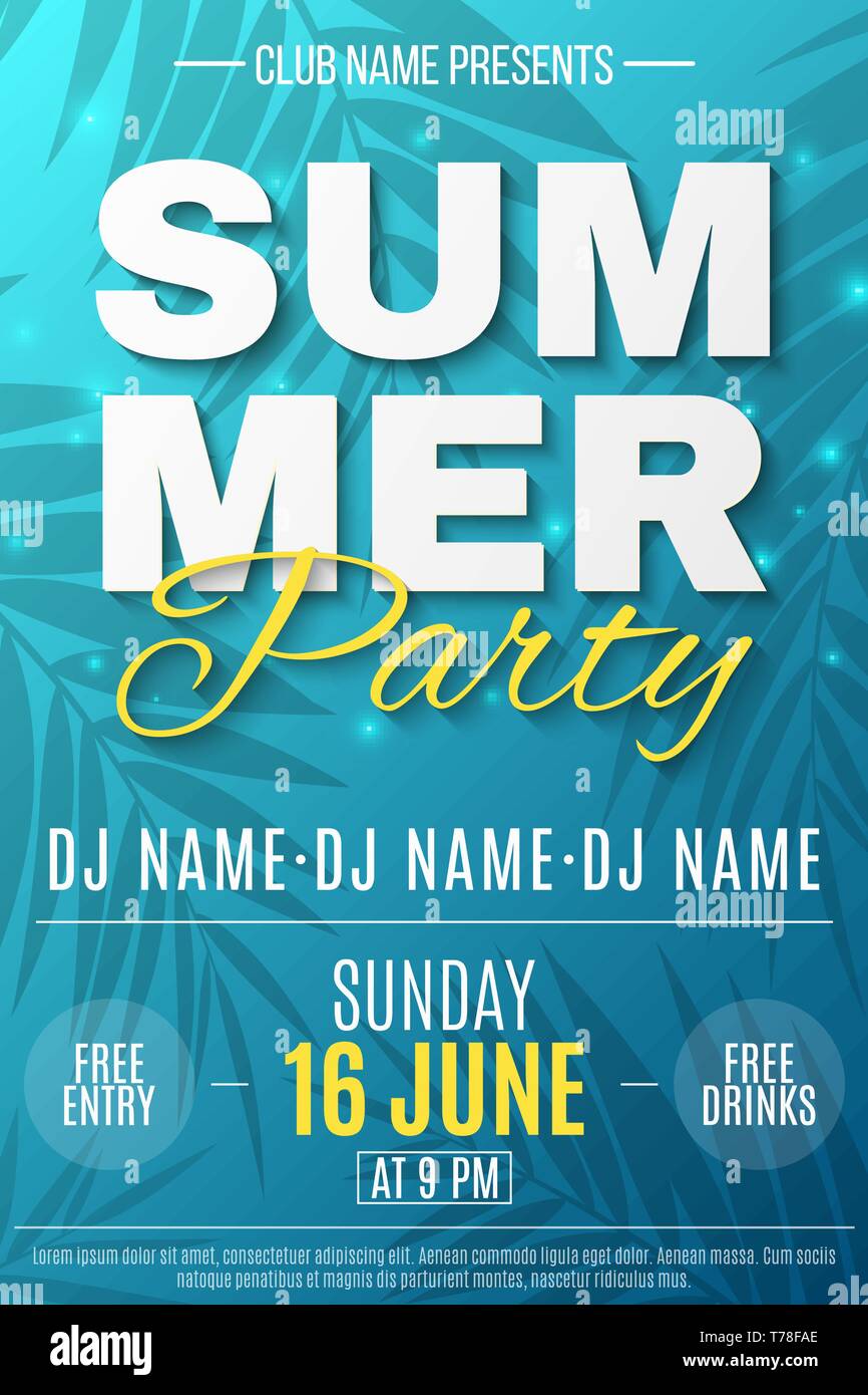 Flyer per il Summer Party. Testo banner con battenti delle spie luminose. Sfondo blu con il pattern di palme. Dance notte partito. I nomi dei club Illustrazione Vettoriale