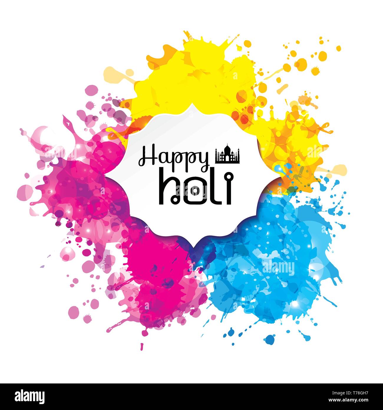 Happy holi blur abstract banner con disegnati a mano di colore di segno e medaglia. Illustrazione Vettoriale