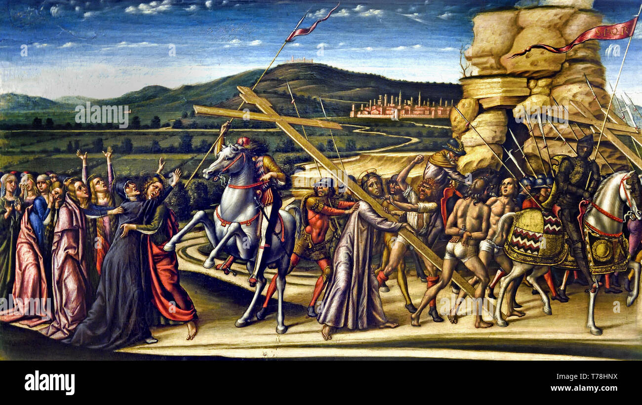 Due angeli recanti un cartiglio; Cristo nel Giardino degli Ulivi e la Flagellazione di Cristo; il cuscinetto della croce; Crocifissione; Giuseppe d'Arimatea e Nicodemo sulla via del Calvario. 1492 da Niccolò di Liberatore ( L'alunno ) Foligno in Umbria, nato circa 1430 - 1502 ( parte di cinque immagini), Italiano, Italia, Foto Stock