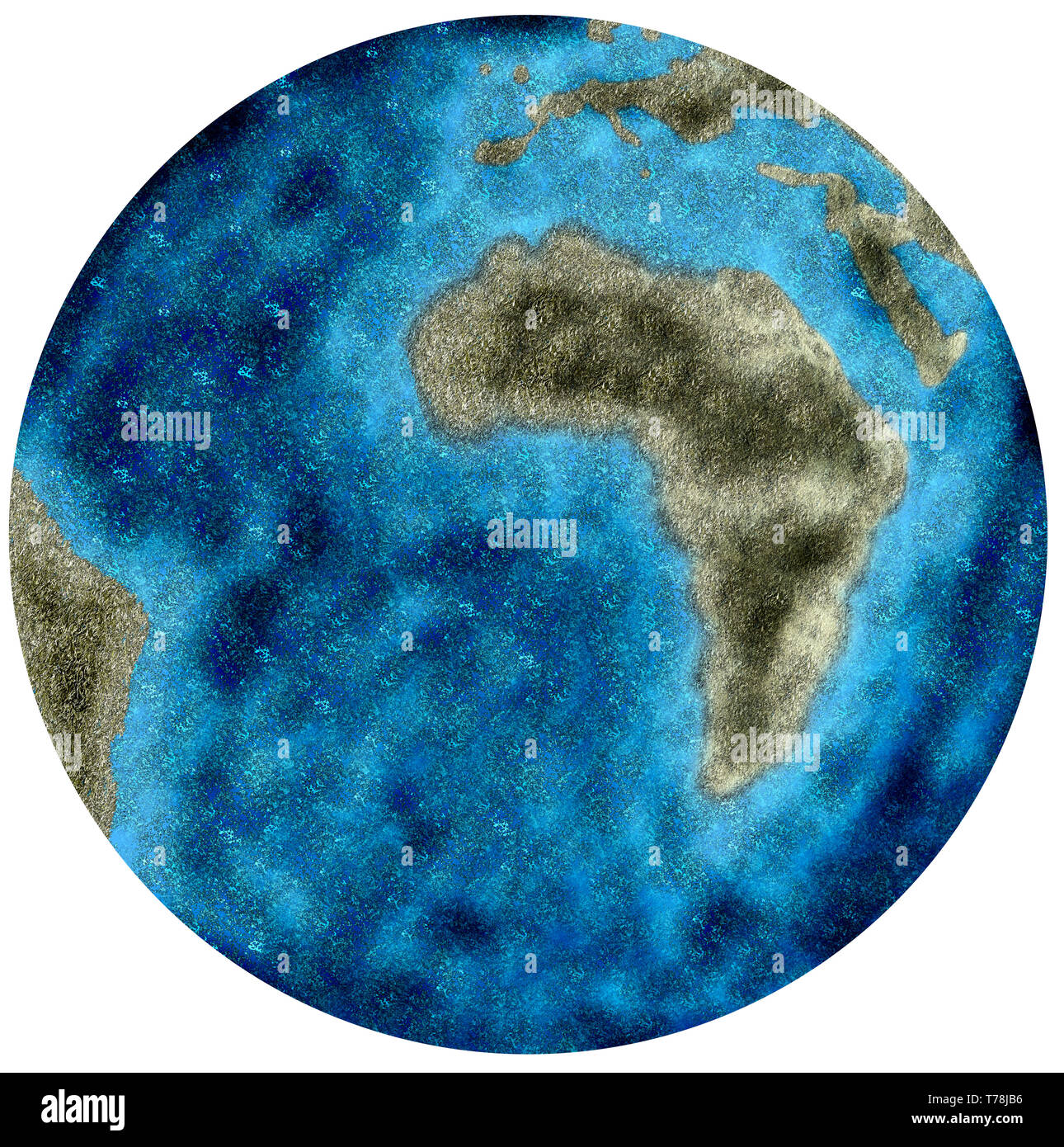 Illustrazione der Erde, mit verkleinerten Kontinenten und viel Wasser als Folge vom Klimawandel Foto Stock