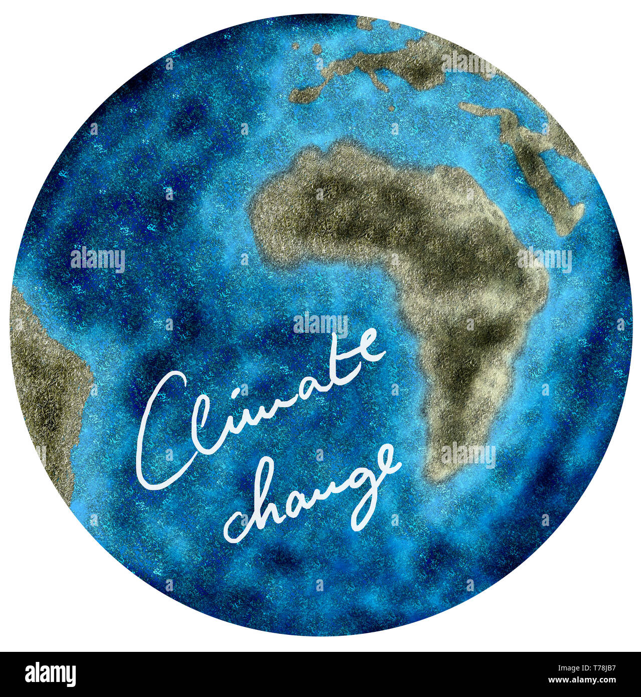 Illustrazione der Erde, mit verkleinerten Kontinenten und viel Wasser als Folge vom Klimawandel Foto Stock