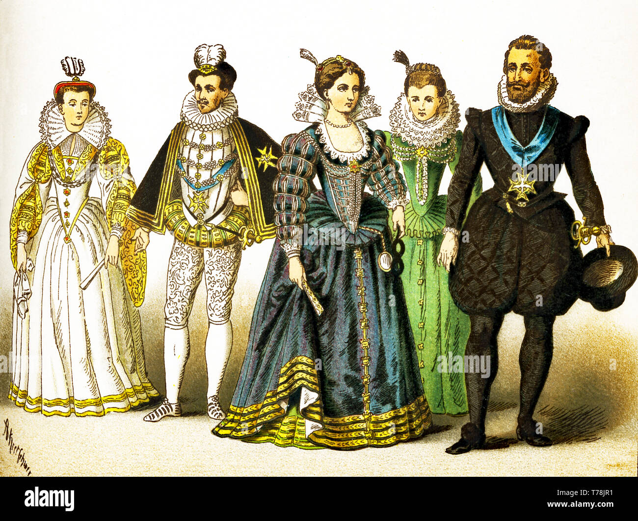 Le figure qui rappresentate sono il popolo francese tra il 1550 e il 1600. Essi sono, da sinistra a destra: Margareth di Lorena, Henry III (morto nel 1589), due corte costumi del tempo di Enrico IV alla fine del secolo Henry IV di circa 1600. L'illustrazione risale al 1882. Foto Stock