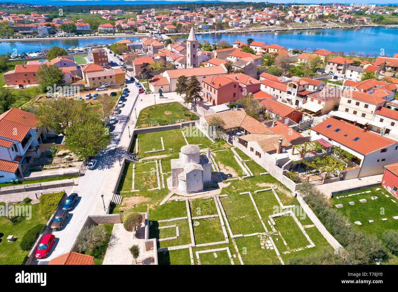 Città storica di Nin landmarks vista aerea, Dalmazia regione della Croazia Foto Stock