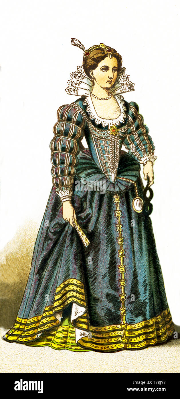 La figura rappresentata qui è una dama di corte francese tra il 1550 e il 1600. L'illustrazione risale al 1882. Foto Stock