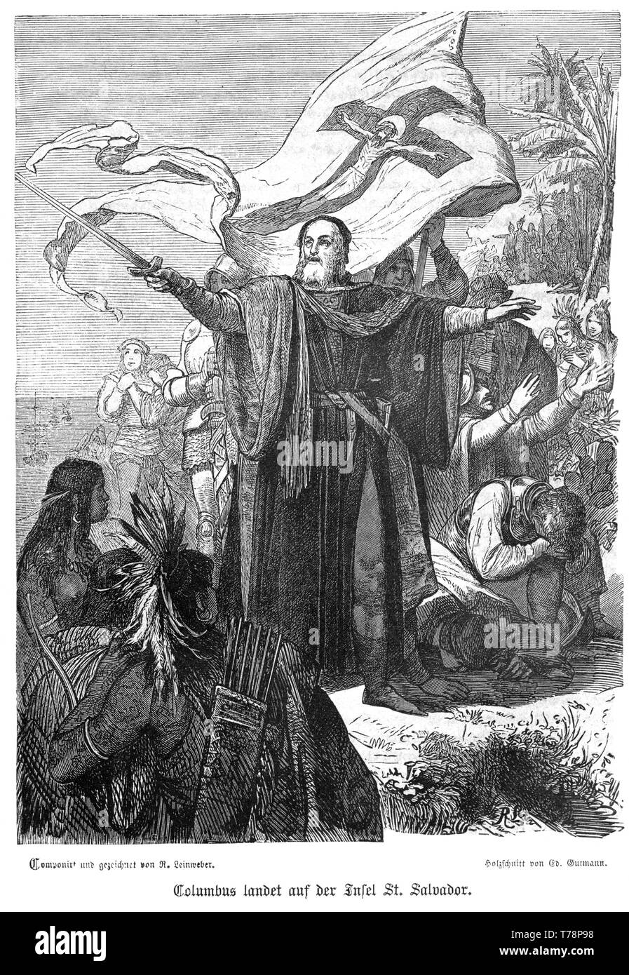 Europa, Italien, Genova, San Salvador, Guanahani, Bahamas, Christoph Kolumbus landet auf der Insel San Salvador, illustrazione aus : ' Illustrirte Galle Foto Stock