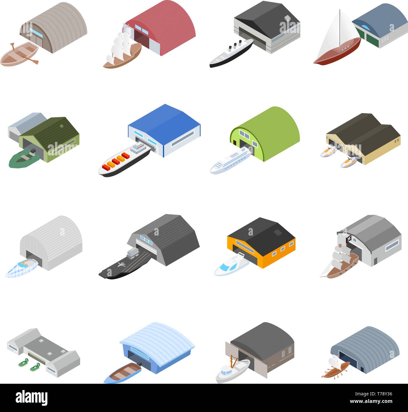 Hangar set di icone, stile isometrico Illustrazione Vettoriale