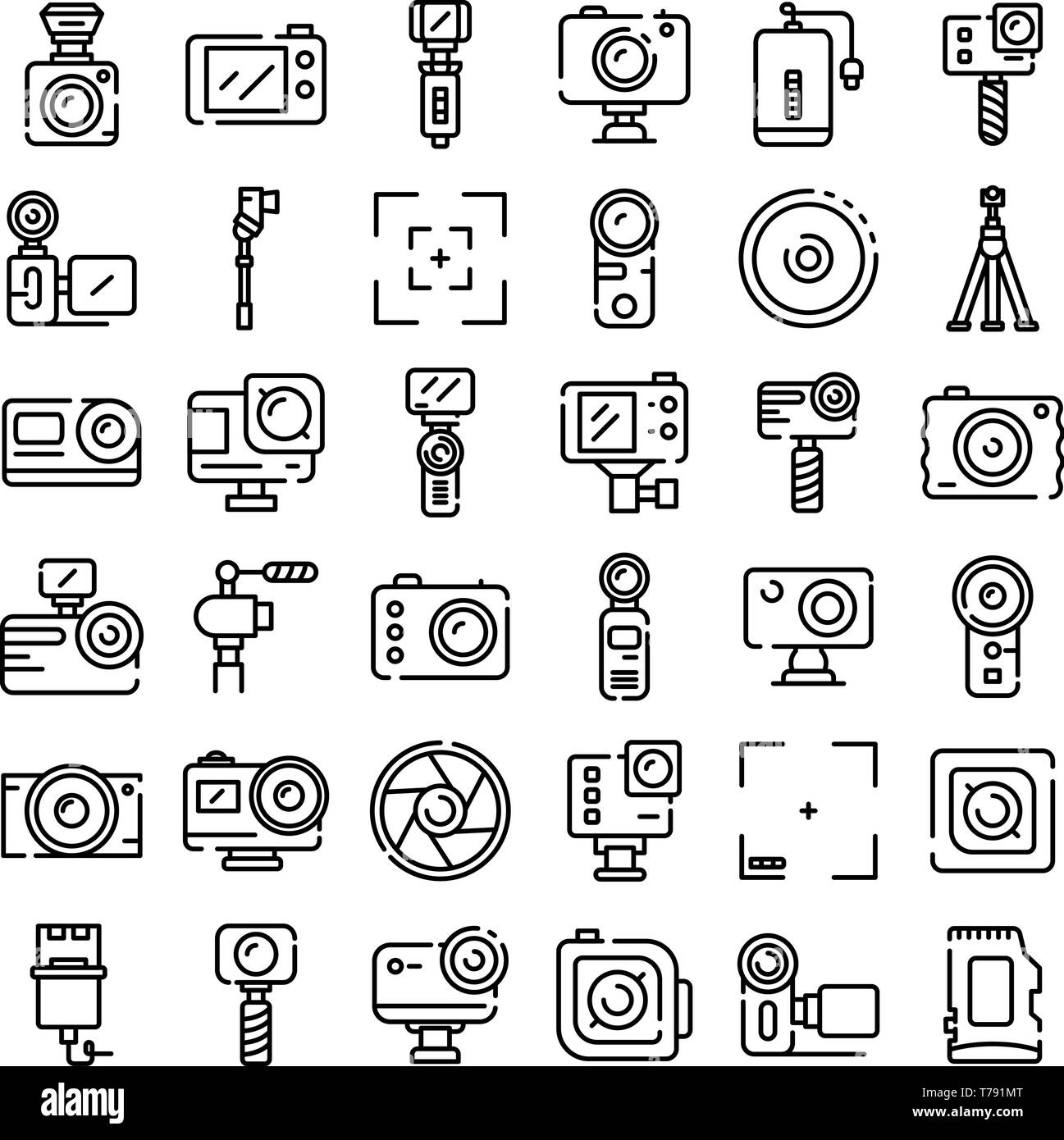 Azione fotocamera set di icone di stile di contorno Illustrazione Vettoriale