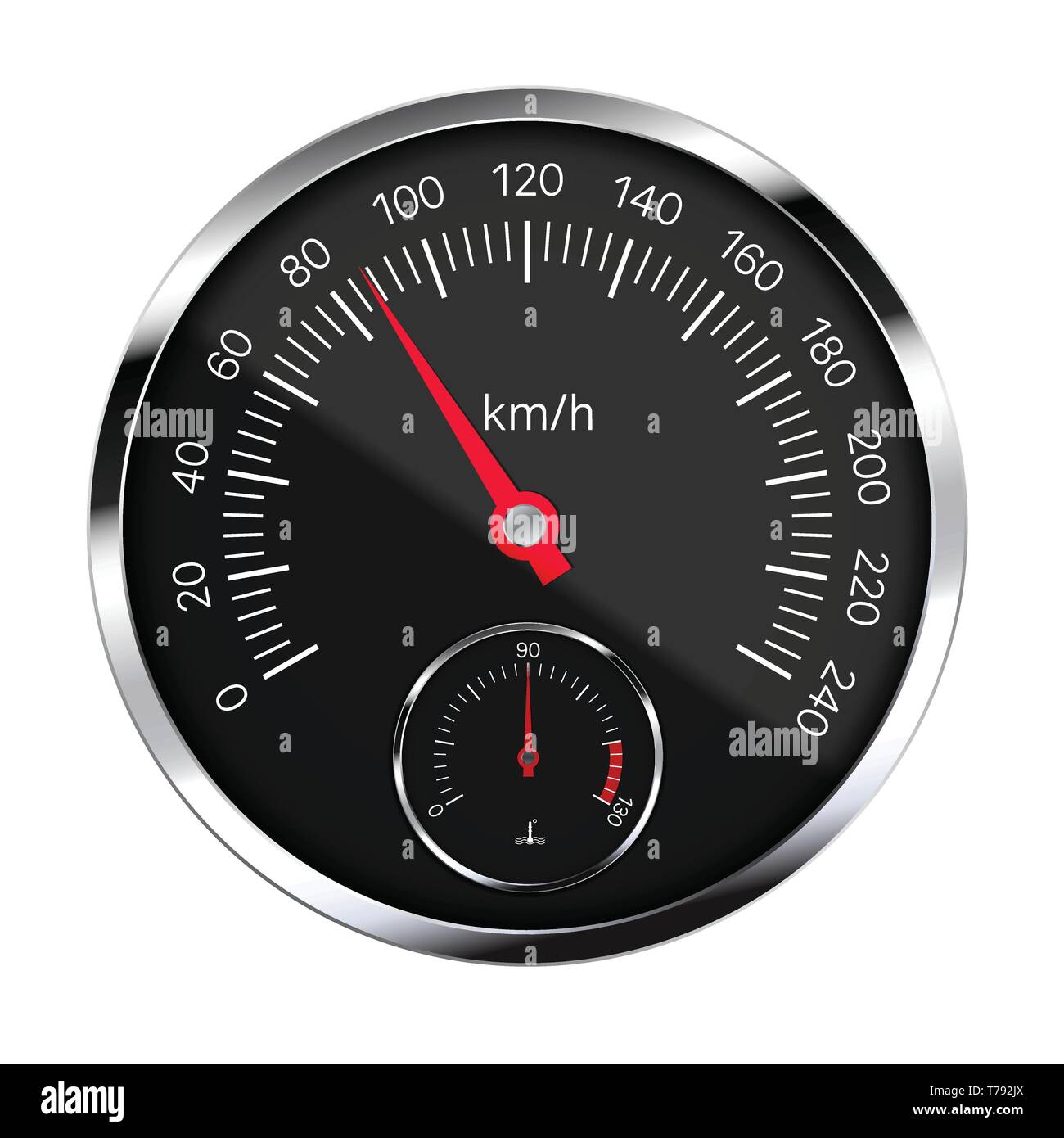 Illustrazione realistica del black metal tachimetro con riflessioni, mano rossa e bianca e i numeri. La temperatura del liquido di raffreddamento m. Isolato su bianco - vec Illustrazione Vettoriale