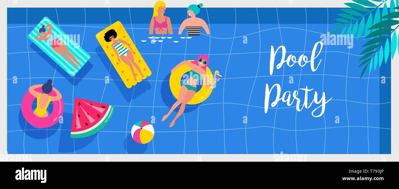 Party in piscina invito, lo sfondo e i banner con persone in miniatura, nuoto e divertimento sulla piscina. Illustrazione Vettoriale Illustrazione Vettoriale