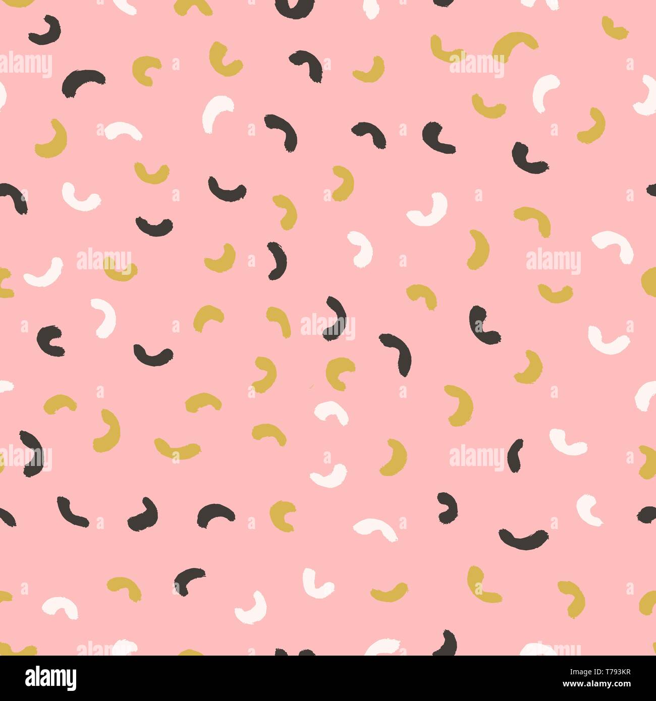 Disegnato a mano modello astratto in rosa, verde, marrone scuro e crema. Carino e giocoso tessile, carta da parati, biglietto di auguri, packaging design. Illustrazione Vettoriale