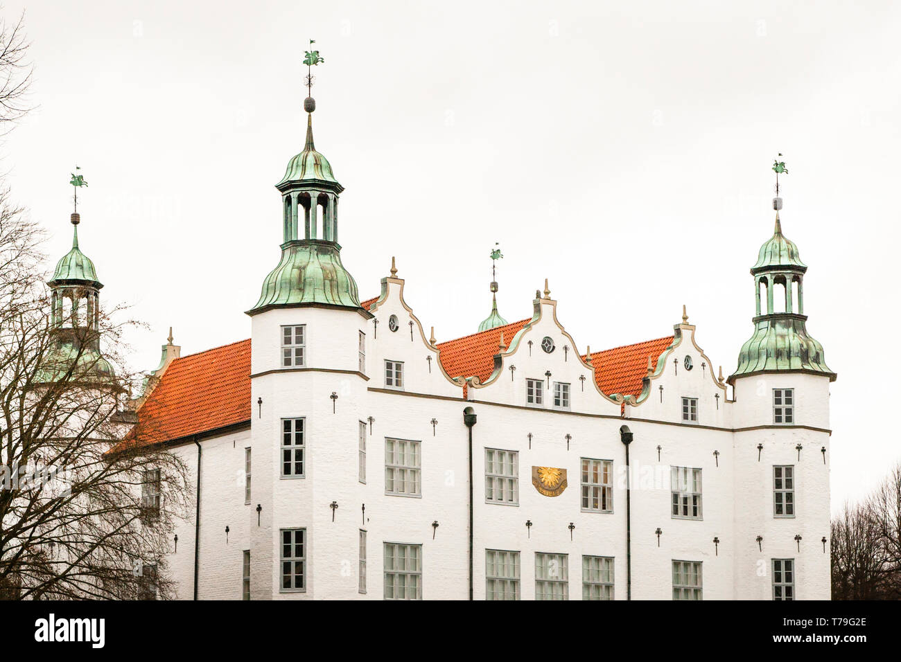 Meteo le palette in semi-cavallo-forma sulla sommità del castello di Ahrensburg, Germania Foto Stock