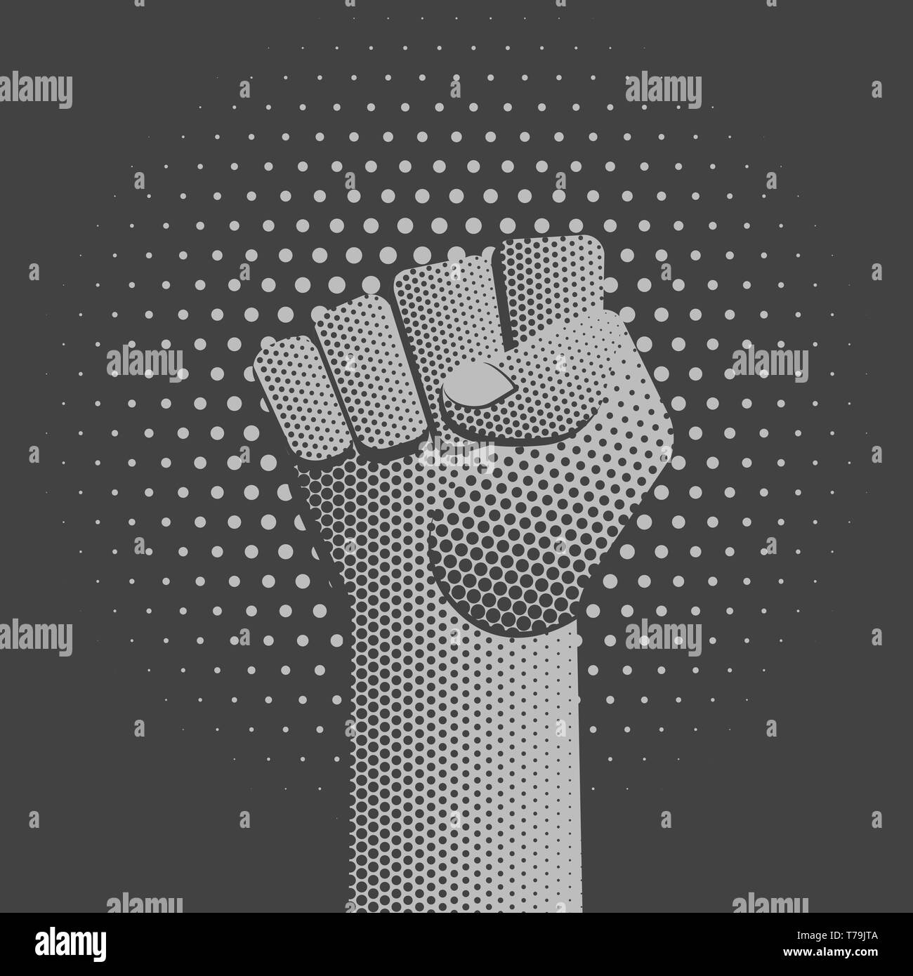 Il vettore in scala di grigi in rilievo simbolico rinserrata potenza maschio del pugno di mano il concetto di protesta segno illustrazione vintage Retrò design poster isolato sul backgr punteggiata Illustrazione Vettoriale