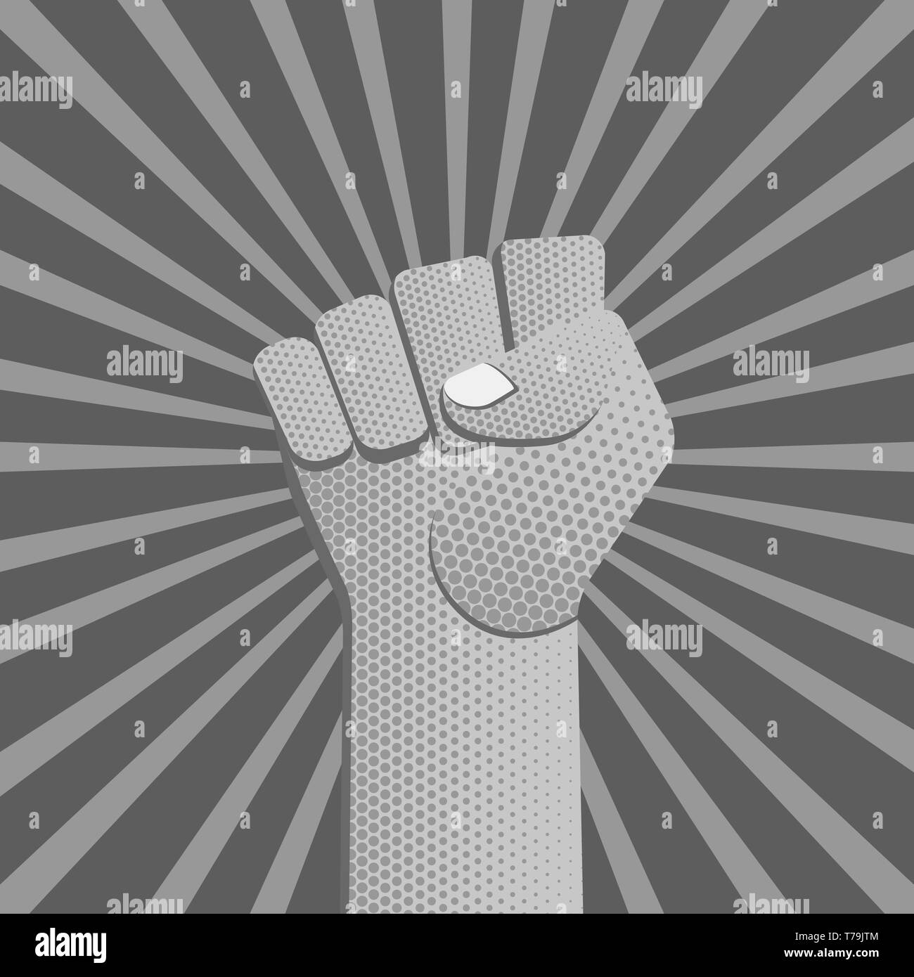 Il vettore in scala di grigi in rilievo simbolico rinserrata potenza maschio del pugno di mano il concetto di protesta segno illustrazione vintage retrò texture dot design poster isolati su d Illustrazione Vettoriale