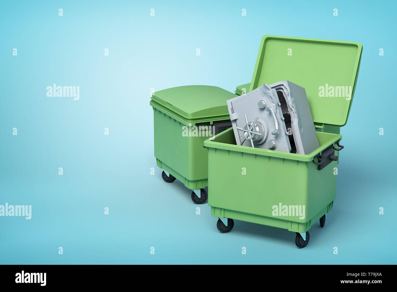 3D rendering di due verdi trash lattine, anteriore può aprire con piegata e metallica rotta sicura dentro, sulla luce-sfondo blu. Foto Stock