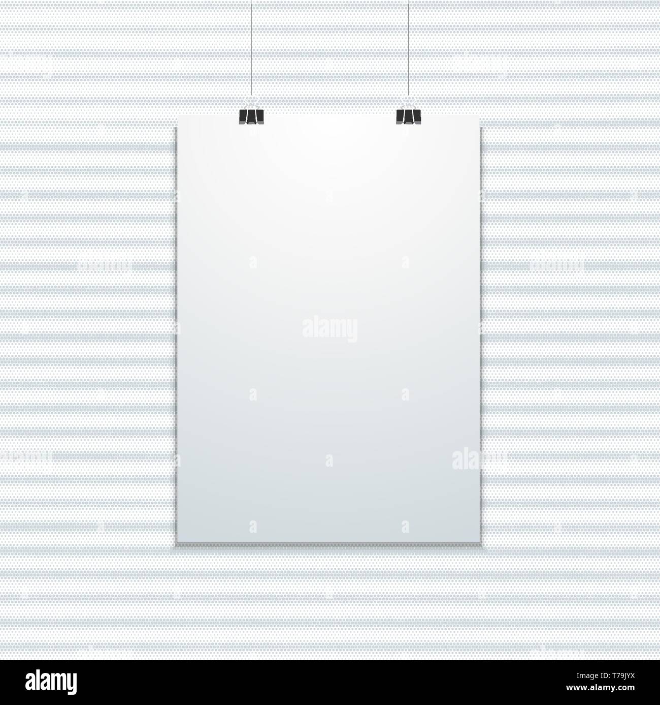 Verticale di vettore vuoto bianco sospeso poster su office morsetti mock up ombra realistica modello vuoto isolato scuro metallo scanalato stile industriale il testo Illustrazione Vettoriale