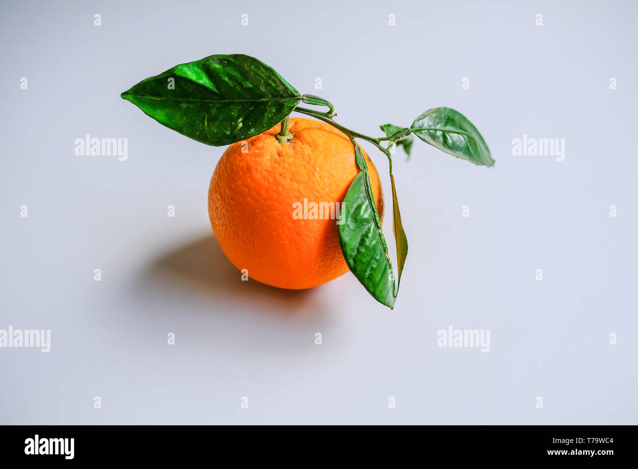 Tutta la singola arancione con buccia e foglie su sfondo grigio Foto Stock