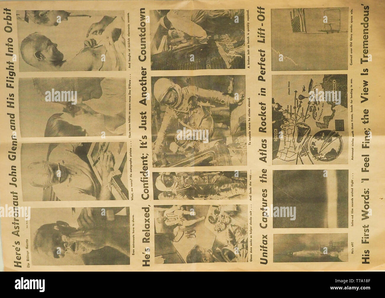 Febbraio 21, 1962, Billings Montana, giornale di copertura astronauta John Glenn il viaggio nello spazio. Foto Stock