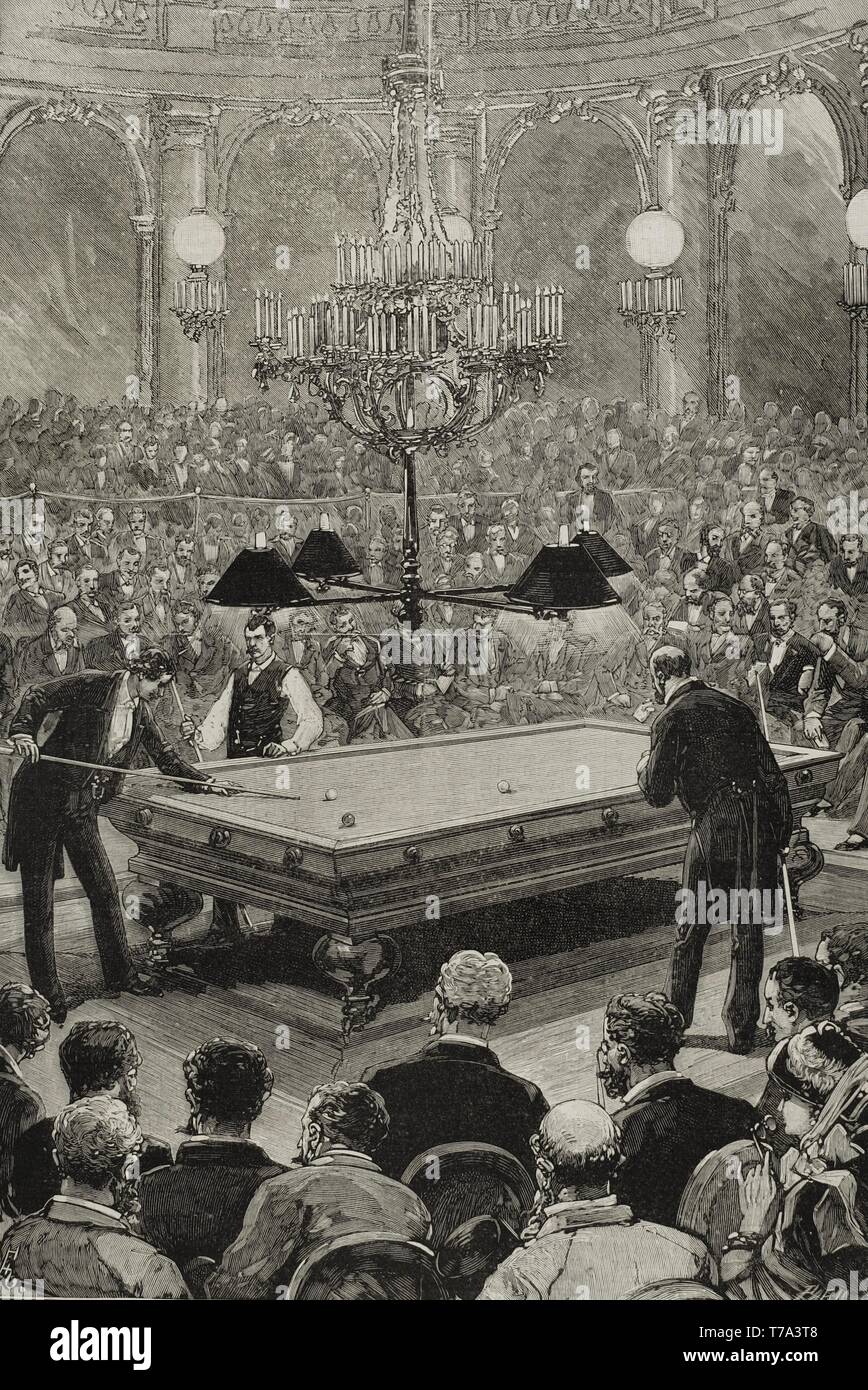 Francia. París. Partida de billar entre el francés Sig. Vignaux (vencedor) y el americano il sig. Slosson, sostenida en el Gran-Hotel, en las noches del 20 al 24 de diciembre de 1880. Grabado. La Ilustración Española y Americana, 1881. Foto Stock