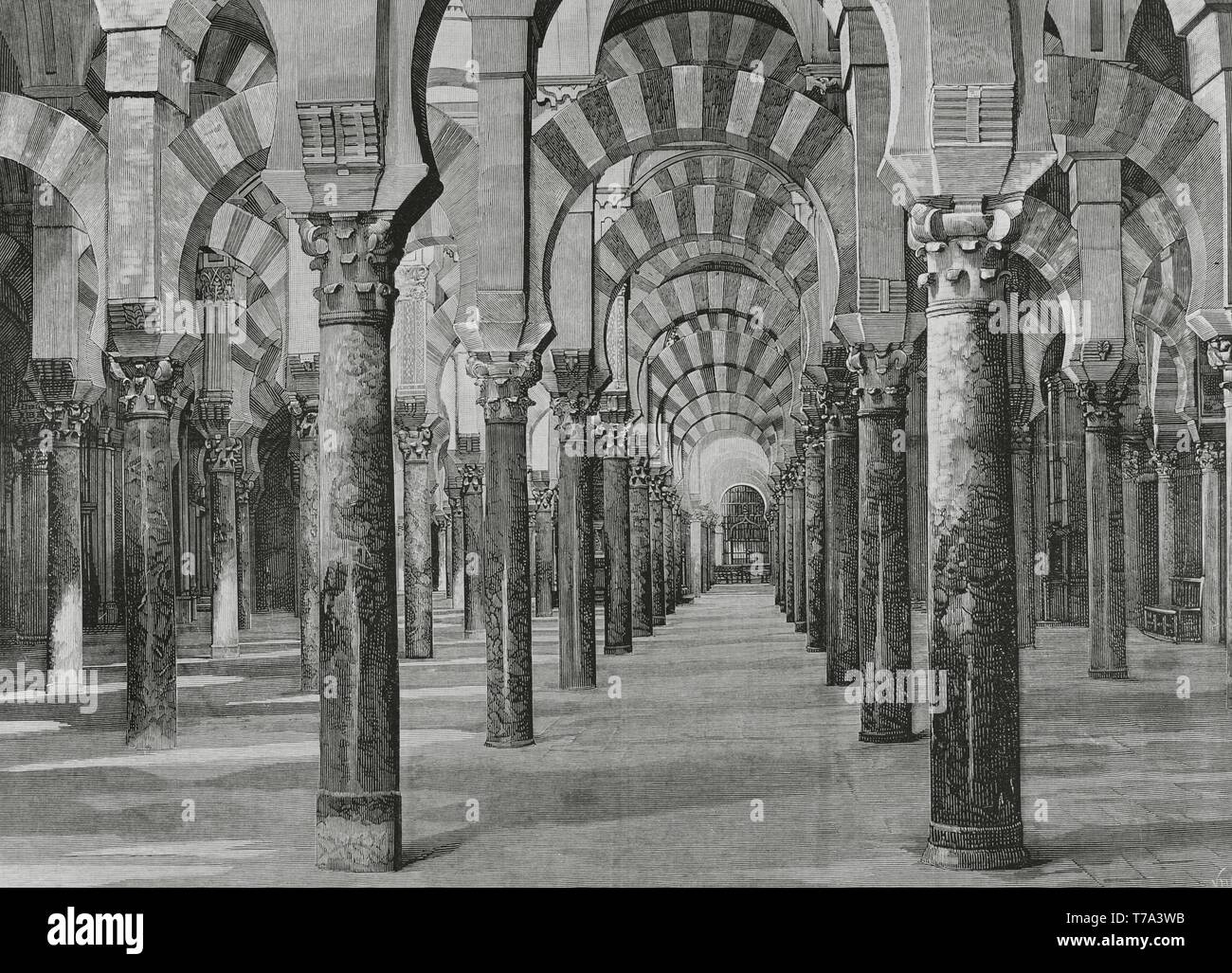 Andalusia. Córdoba. Interior de la Antigua Mezquita transformada en catedral tras la conquista. Interior de la sala de oraciones. Grabado por Vela. La Ilustración Española y americana, 8 de abril de 1881. Foto Stock