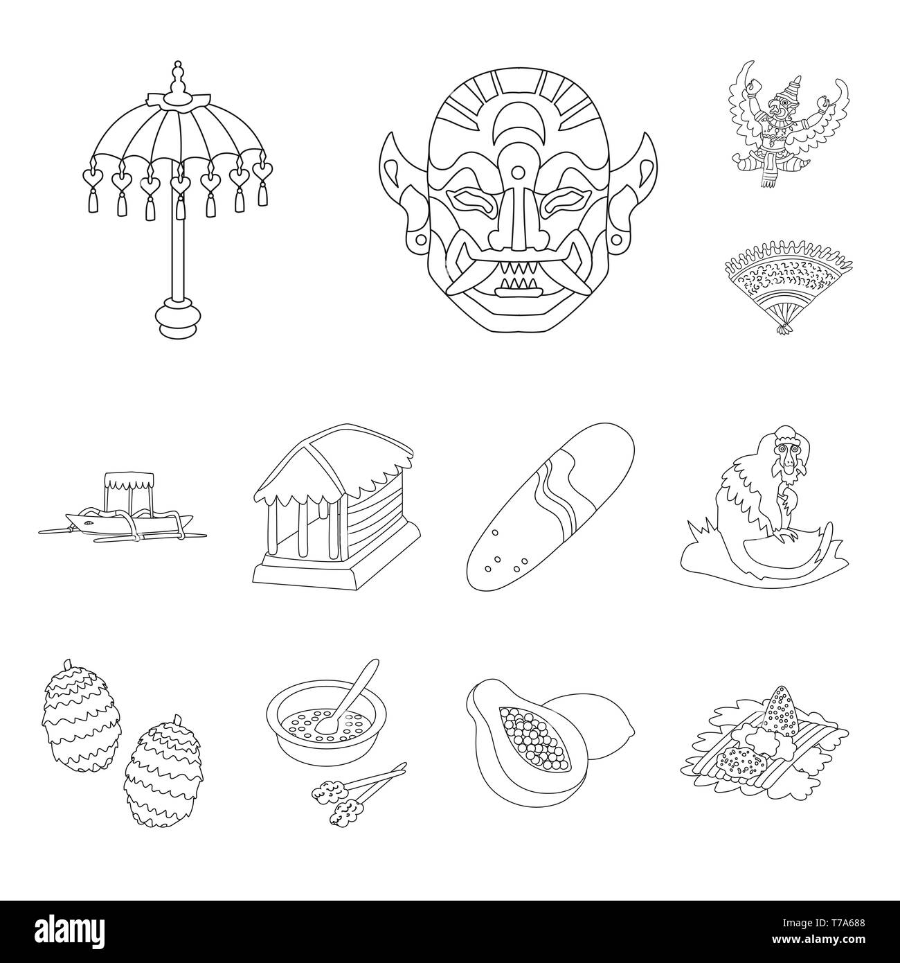 Spiaggia,maschera,garuda,ventilatore,barca,hut,surfboard,scimmia,humulus,lavastoviglie,papaia,riso,ombrello,indonesian,bird,bello,vela,Casa,surf,animale,impianto,salsa di frutta,,chaise,Dio,stoffa,l'acqua,palm,,balinese caraibi,asian,geografia,corsa,turismo,tradizionale,isola,Bali, Indonesia,impostare,vettore,icona,immagine,isolato,raccolta,design,l'elemento,graphic,segno,contorno,linea vettori vettore , Illustrazione Vettoriale