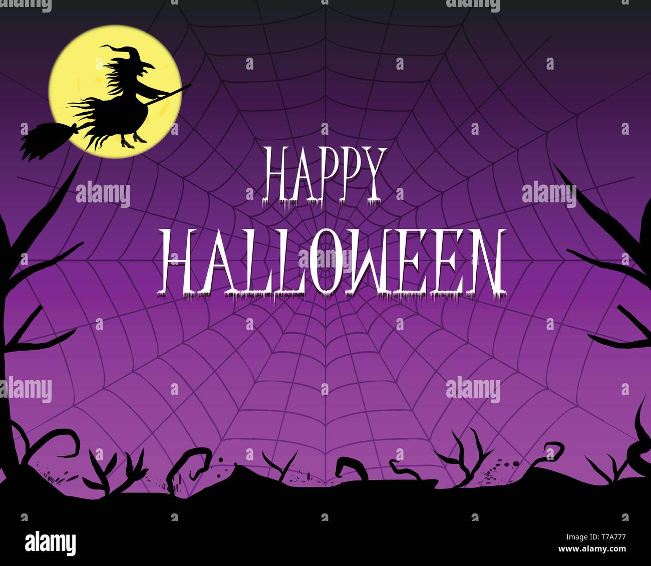 Happy Halloween con sfondo nero, filiale di albero telaio silhouette. Prima che la luna, strega è volare sulla scopa. Viola scuro, gradiente ragnatela nel ba Illustrazione Vettoriale