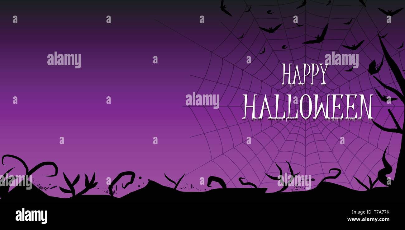 Happy Halloween card o banner design con ramo di nero, tree silhouette telaio. Viola scuro, gradiente ragnatela, bat in background. Il testo bianco con Illustrazione Vettoriale