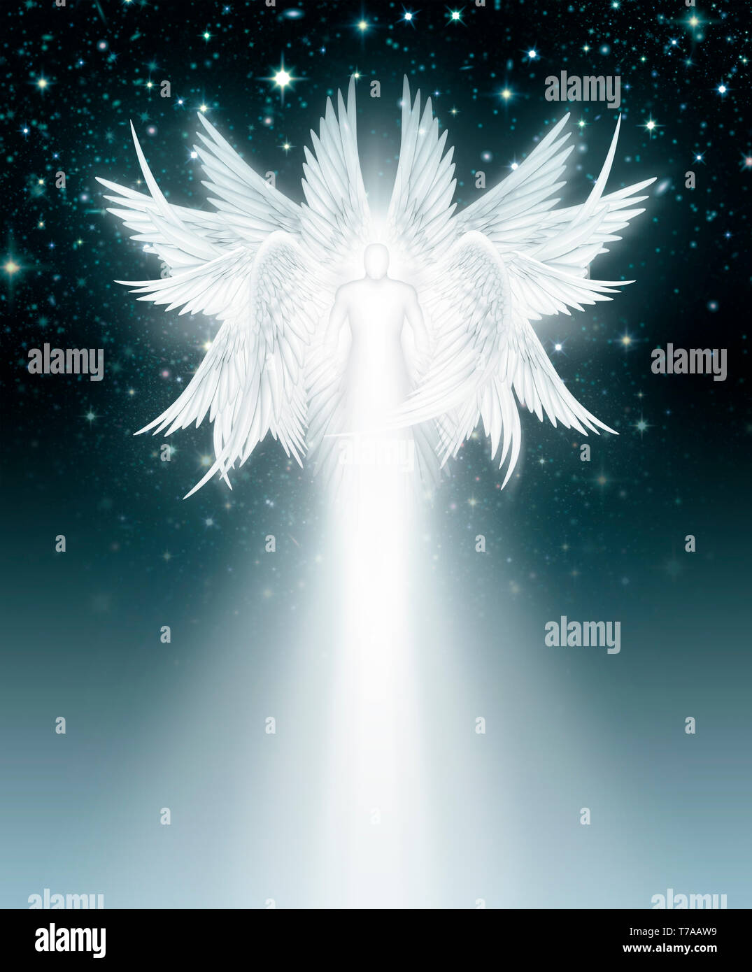 Illustrazione Digitale di un Multi angelo alato nel cielo notturno pieno di stelle. Foto Stock