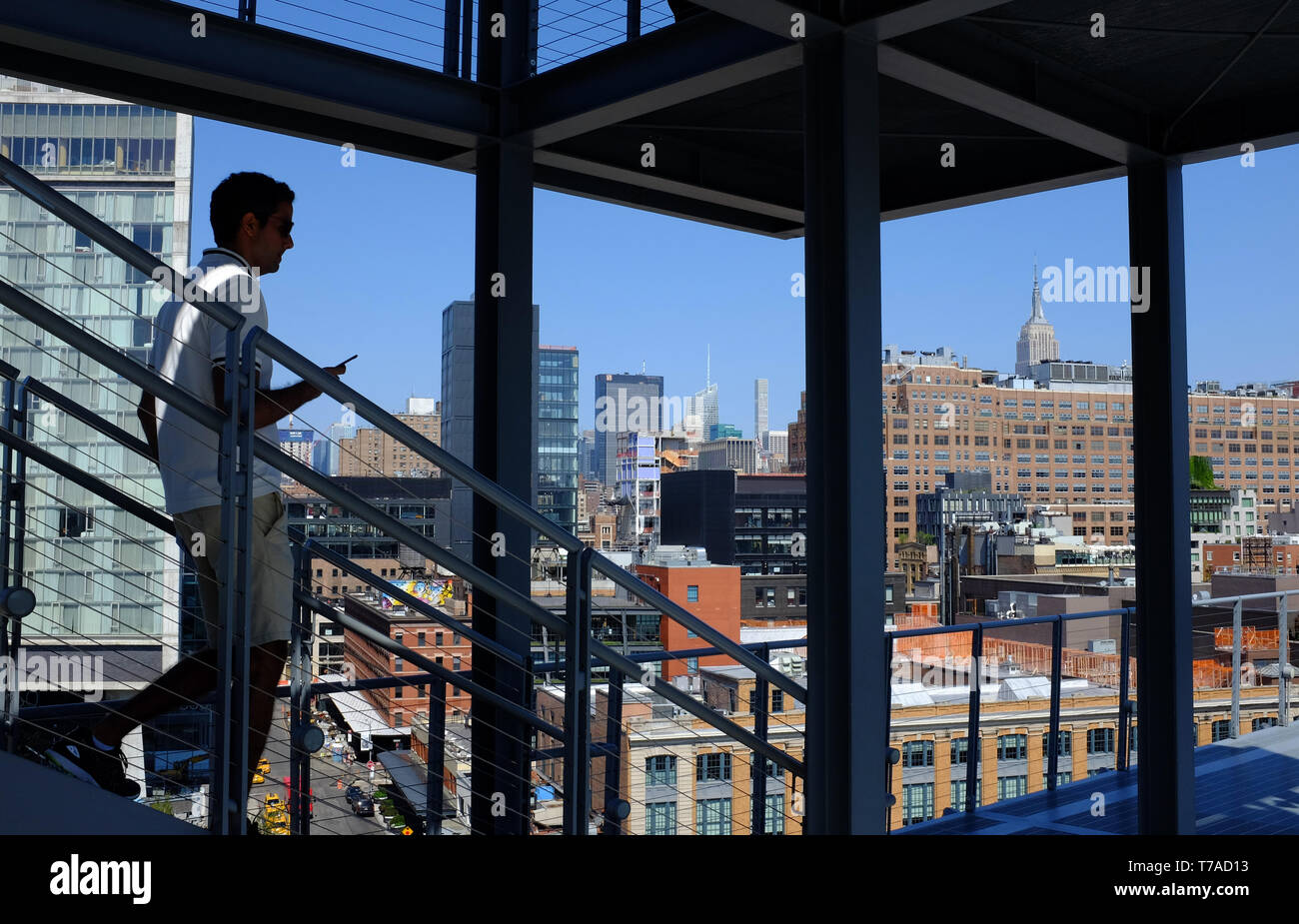 Visitatori sulla scalinata della terrazza esterna del Whitney Museum of America arte con lo Standard Hotel nel Quartiere Meatpacking in background.New York City. Foto Stock