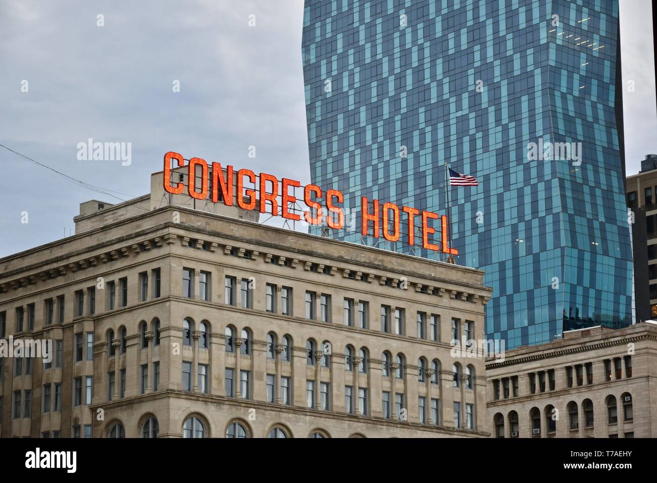 Il Congress Hotel lungo il Millennium Park, Chicago, Illinois Foto Stock