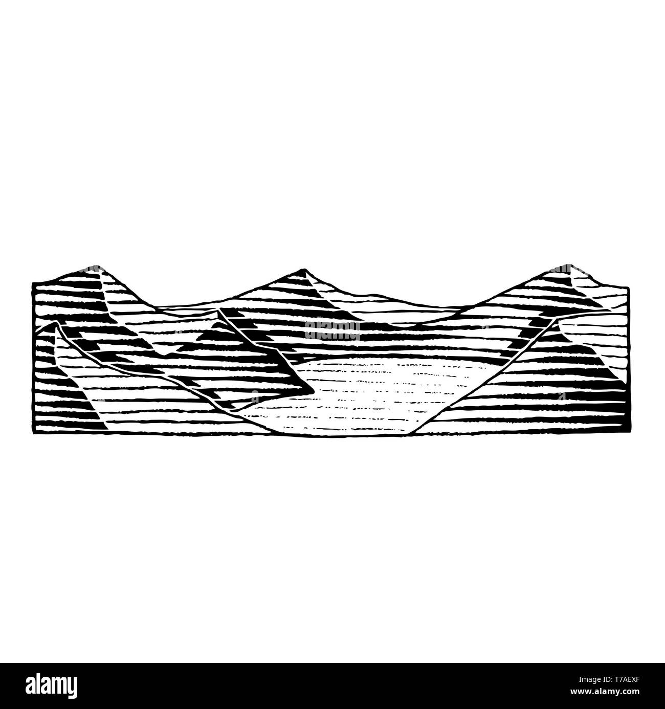 Illustrazione vettoriale di un stile Scratchboard disegno a inchiostro di un lago di montagna Foto Stock