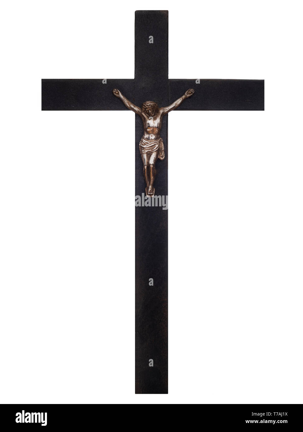 Antico crocifisso ligneo con Cristo. Isolato su sfondo bianco. Foto Stock