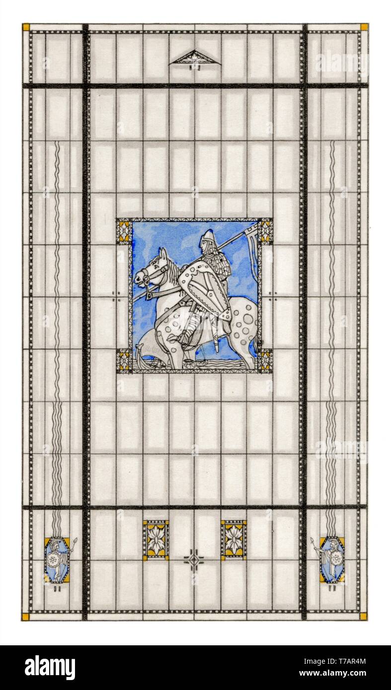 Il vetro macchiato, 5 modelli: Scena medievale, Abstract - Art Nouveau vintage illustrazione artistica di vetro macchiato 1911 Foto Stock