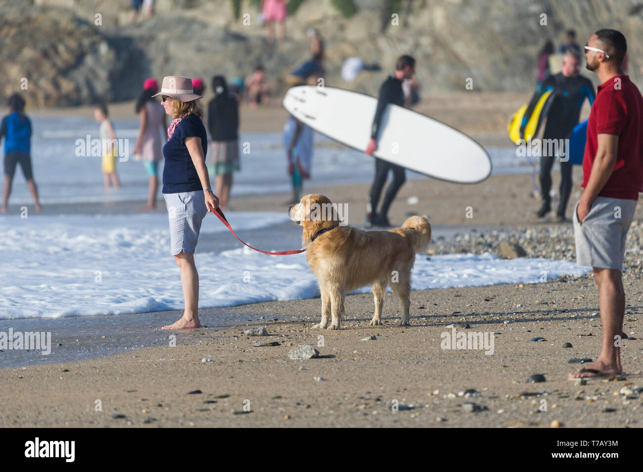 Una donna in piedi con la sua ben comportati Golden Retriever su Fistral Beach in Newquay in Cornovaglia. Foto Stock