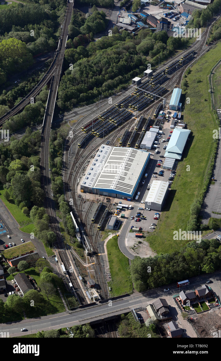 Vista aerea del Newton Heath manutenzione ferroviaria Depot, East Manchester Foto Stock