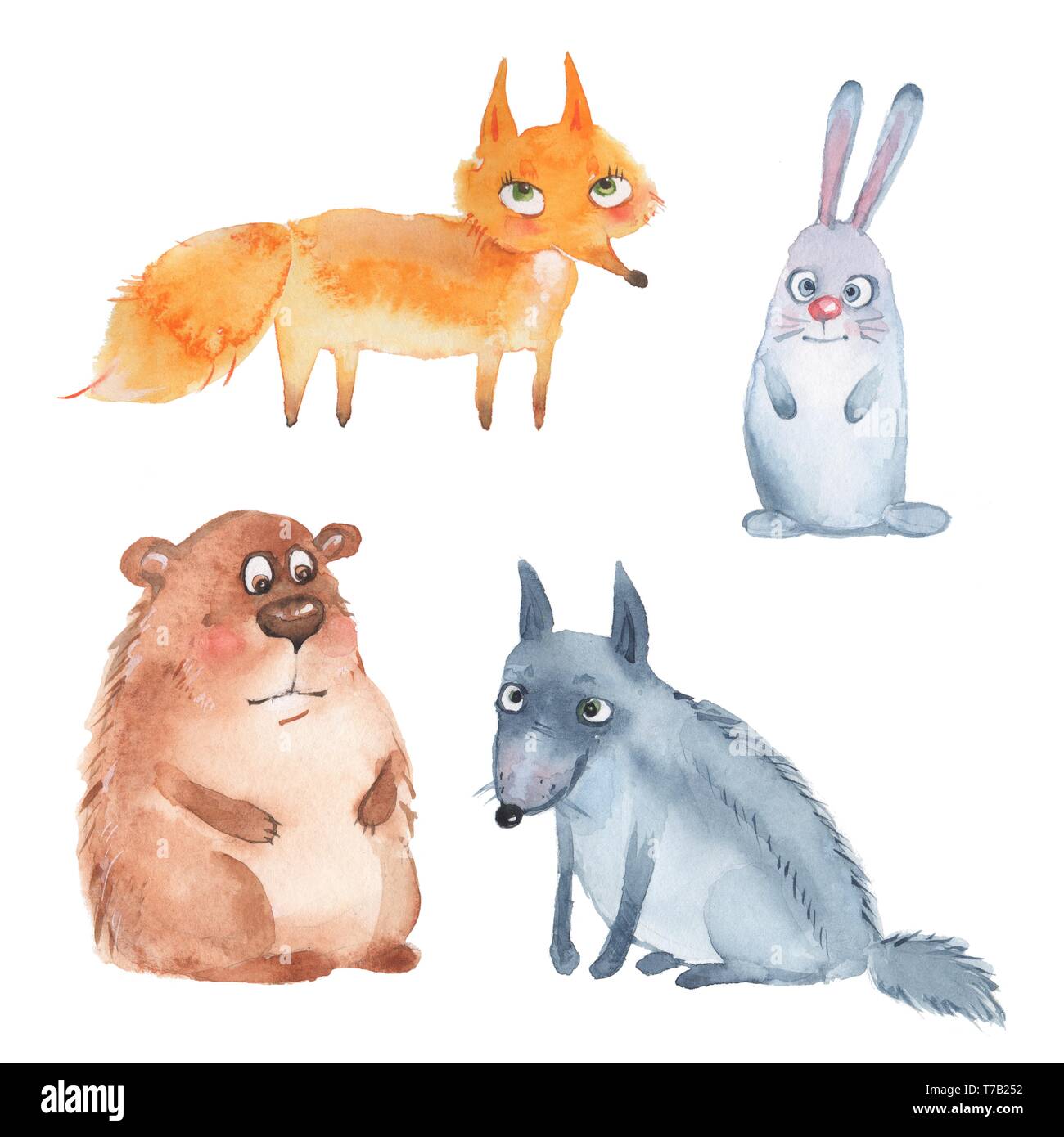 Set di animale. Fox, lupo, orso, lepre. Illustrazione ad acquerello Foto Stock