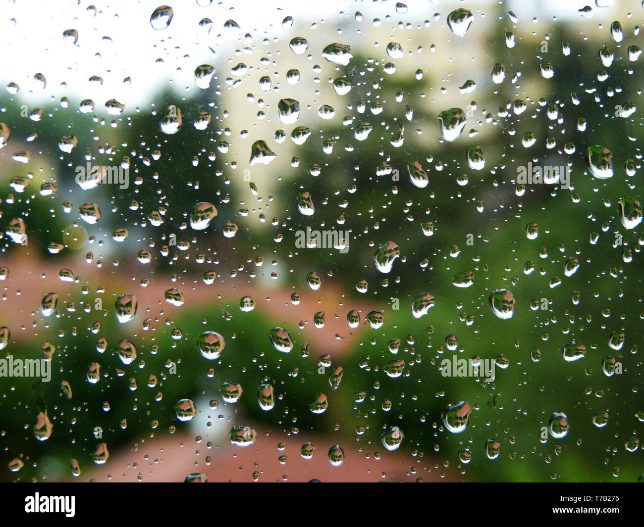 Gocce di pioggia sulla home finestra in vetro Foto Stock