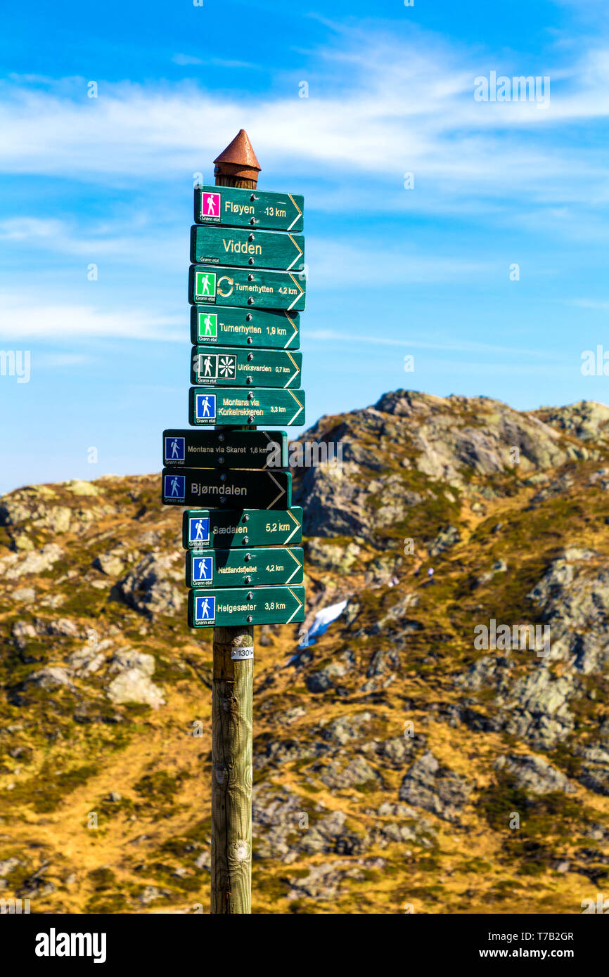 Le direzioni segno sulla sommità del monte Ulriken a Bergen, Norvegia Foto Stock