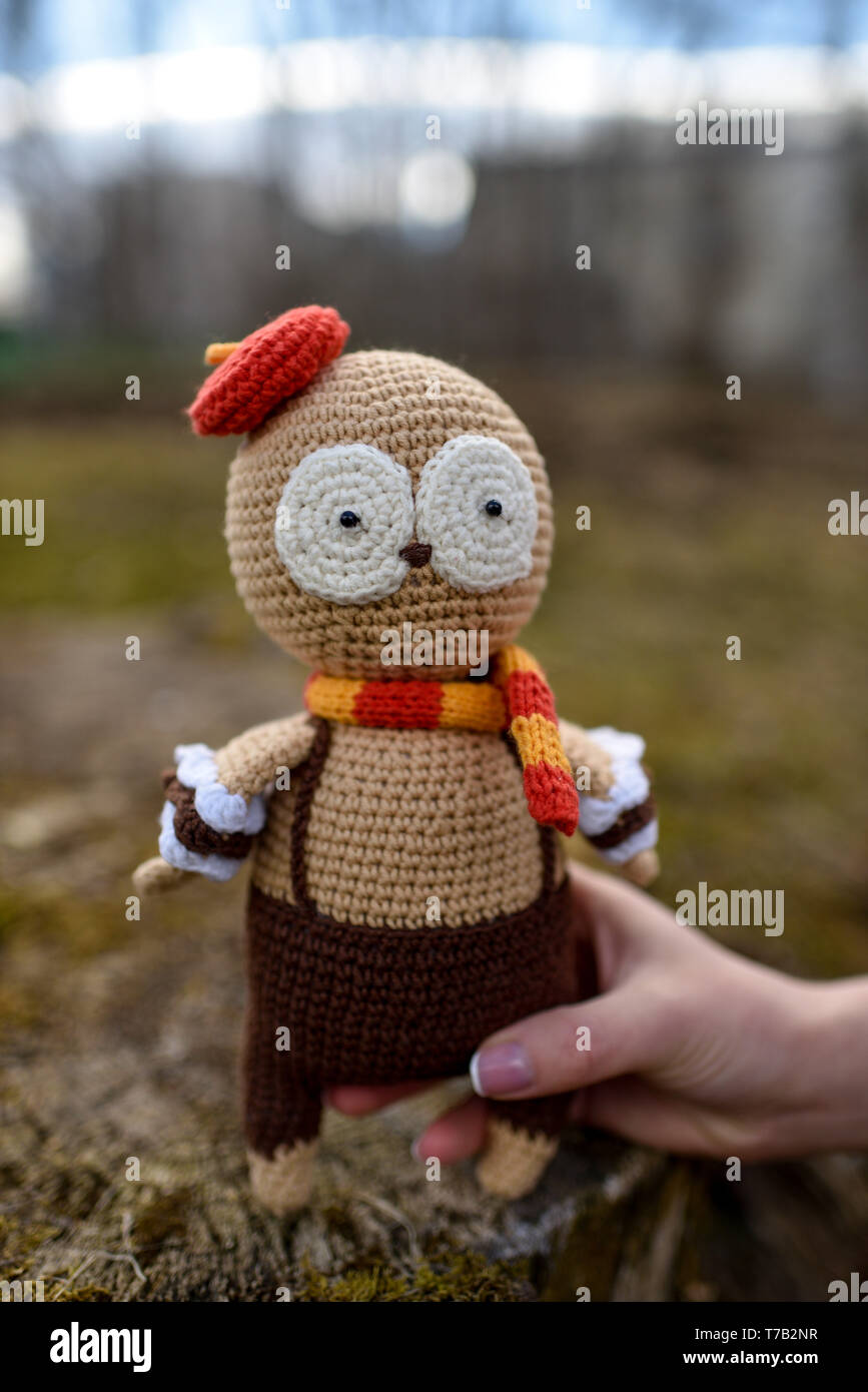 SYKTYVKAR, Russia - 05 Maggio 2019: immagine illustrativa. Il gufo giocattolo in maglia la tecnica di maglieria amigurumi Foto Stock