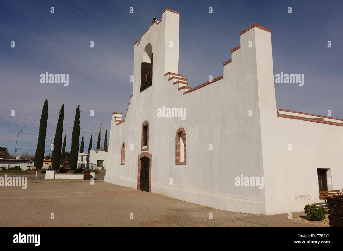 EL PASO, TX -23 MAR 2019- Vista del punto di riferimento di Nuestra Señora de la Concepción del Socorro chiesa della Missione si trova a El Paso, Texas. Foto Stock