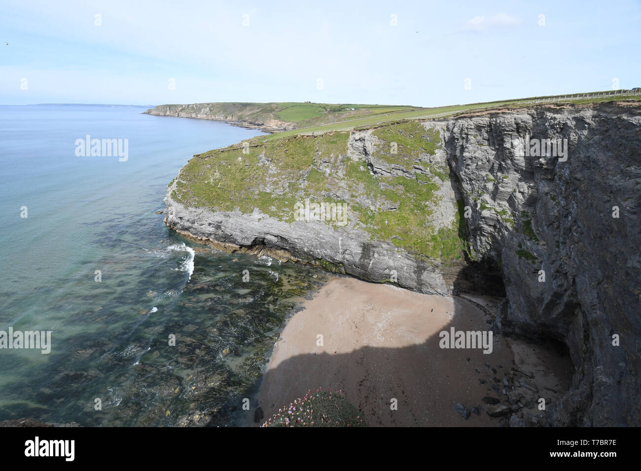 Parc Trammel Cove, Porthleven, Cornwall, Regno Unito. Il 6 maggio 2019. Questa è la scena della scogliera dove 3 uomini caddero 70ft da un dirupo domenica sera tardi vicino al sito del Ballo in maschera, weekend festival di musica. Le lesioni sono gravi e vengono trattati a Derriford Hospital di Plymouth. L'estate Masked Ball è una 3 giorni di festa in cui i partecipanti possono camp su campi che sono adiacenti al sito dell'incidente. Credito / Cwpix Alamy Live News Foto Stock