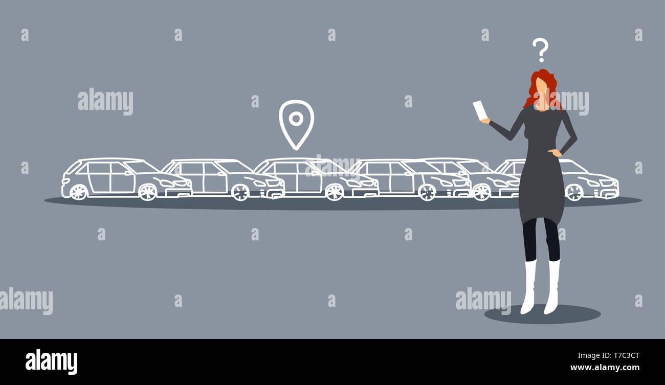 Frustrati donna ricerca auto in parcheggio utilizzando l'applicazione mobile carsharing concetto imprenditrice azienda online smartphone auto rent service schizzo Illustrazione Vettoriale