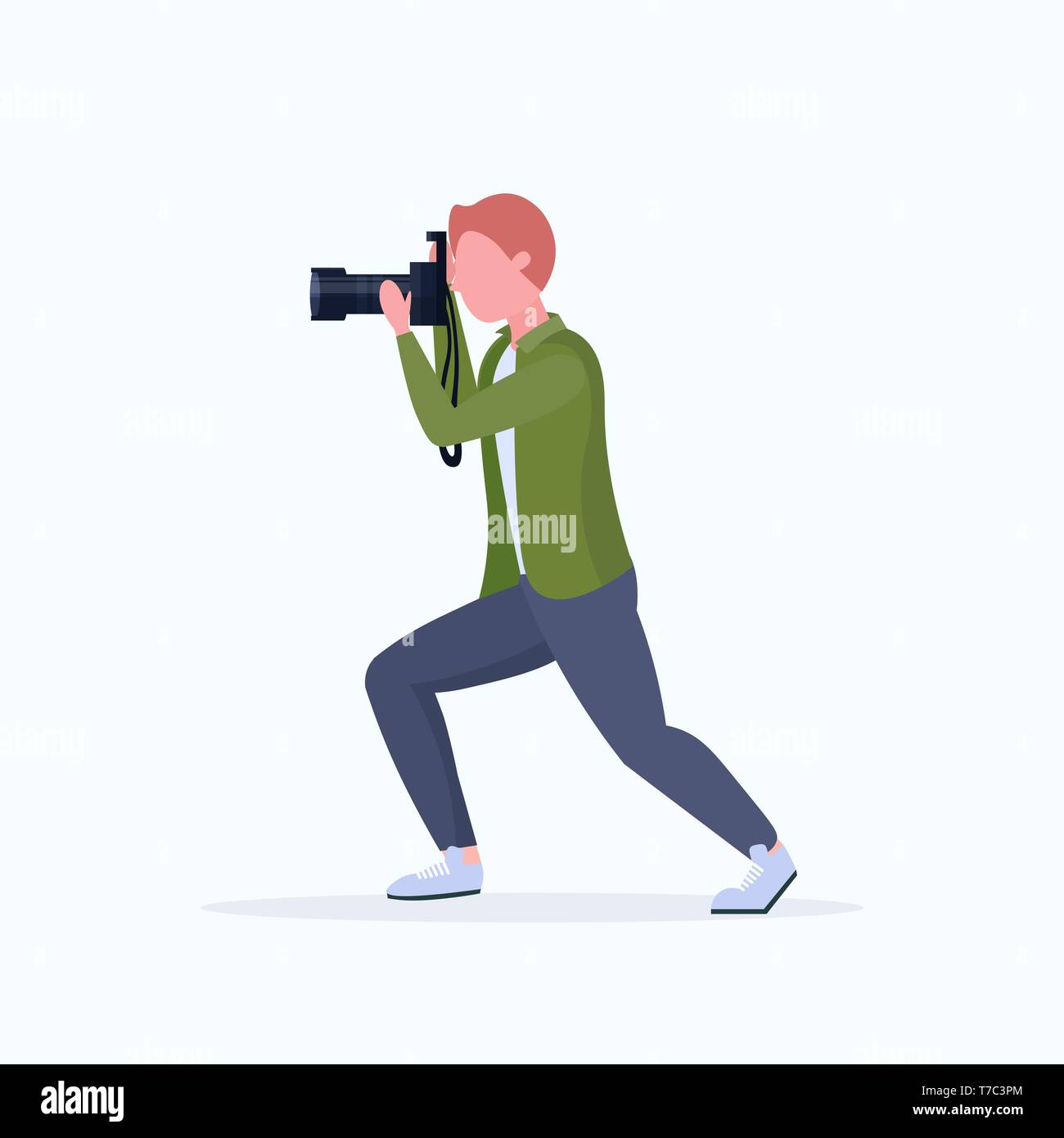 L'uomo fotografo professionista prendendo la foto con la fotocamera guy standing e riprese maschio personaggio dei cartoni animati a piena lunghezza piatto sfondo bianco Illustrazione Vettoriale