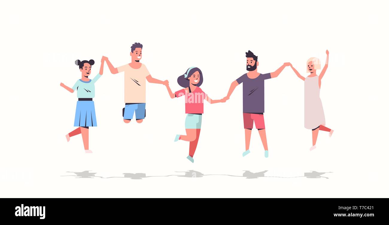 Giovani gruppo Holding Hands uomini donne jumping insieme agli amici divertendosi maschio femmina i personaggi dei cartoni animati a piena lunghezza piatto sfondo bianco Illustrazione Vettoriale