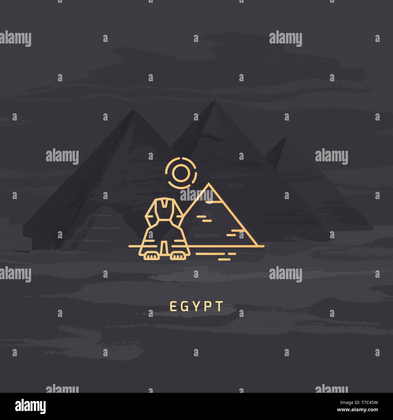 Icona del vettore del più famoso simbolo di Egitto - la piramide, Sphinx e sun. Illustrazione Vettoriale