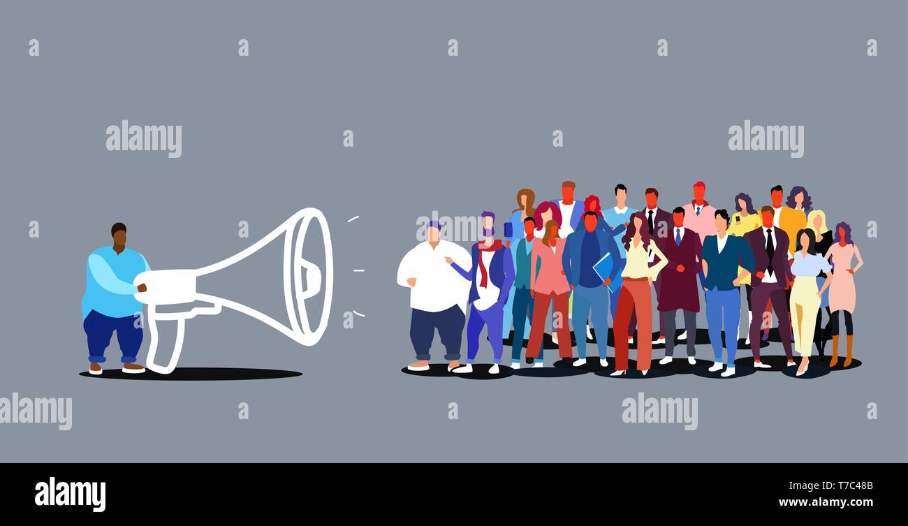 Proprietario del team leader azienda megafono business man annunciare informazioni parlando in altoparlante a imprenditori gruppo schizzo doodle orizzontale Illustrazione Vettoriale