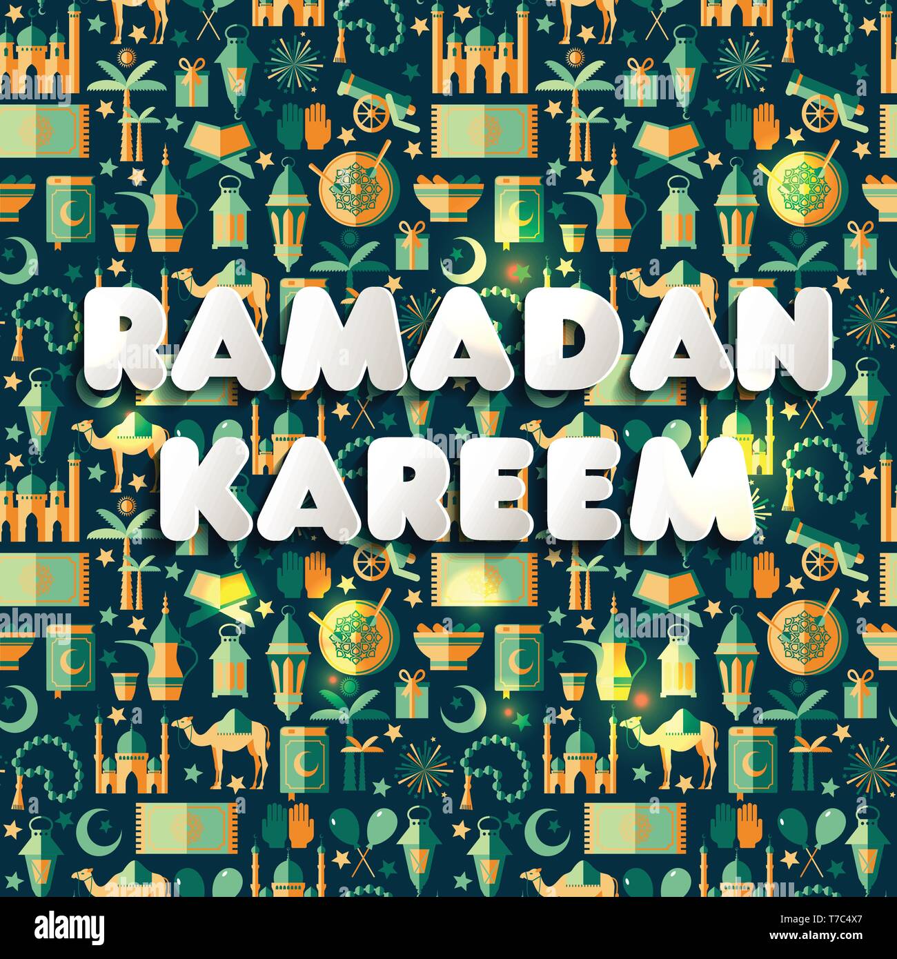Il Ramadan Kareem set di icone di Arabian.Seamless pattern. Illustrazione Vettoriale