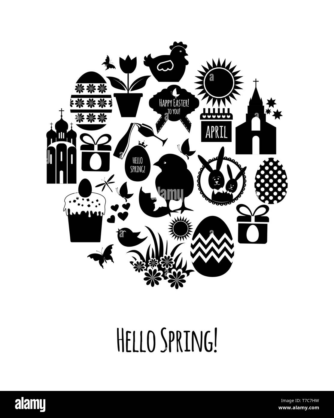 Sfondo di pasqua. Icona nera set. Illustrazione Vettoriale