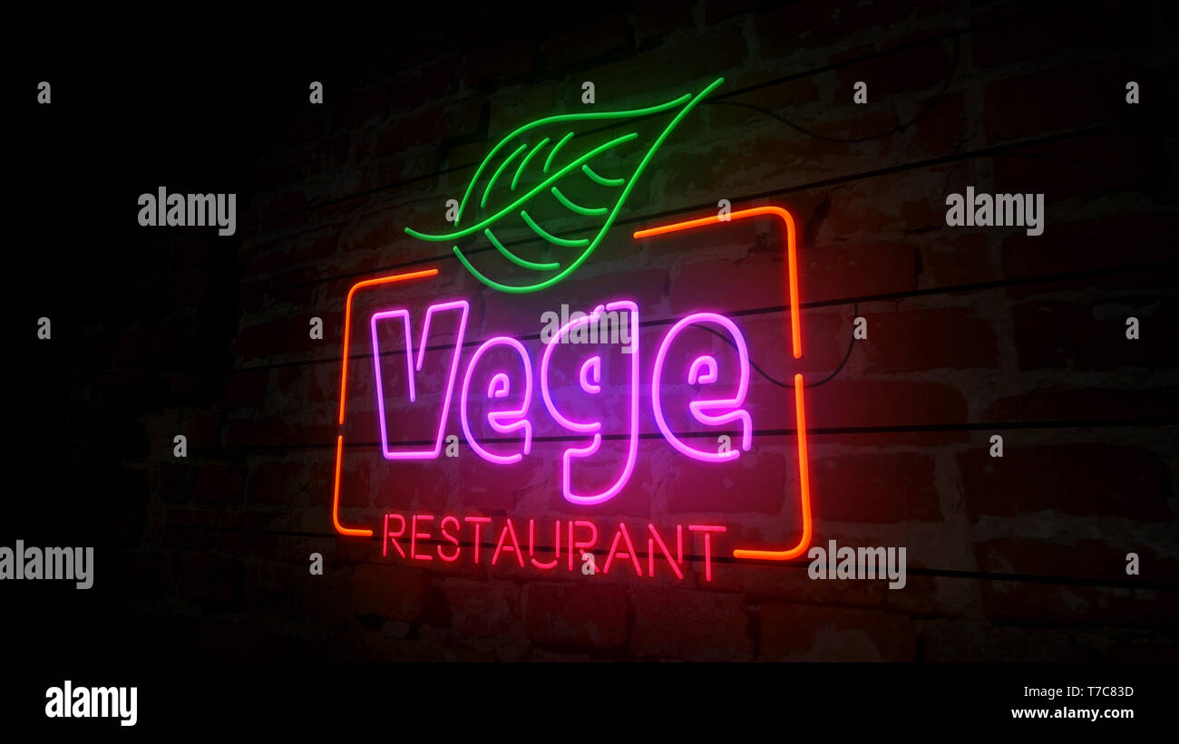 Ristorante Vege neon simbolo sul muro di mattoni. Le lampadine con cibo vegetariano il simbolo 3d'illustrazione. Foto Stock